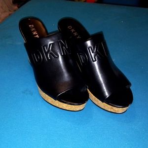 DKNY Black leather wedges